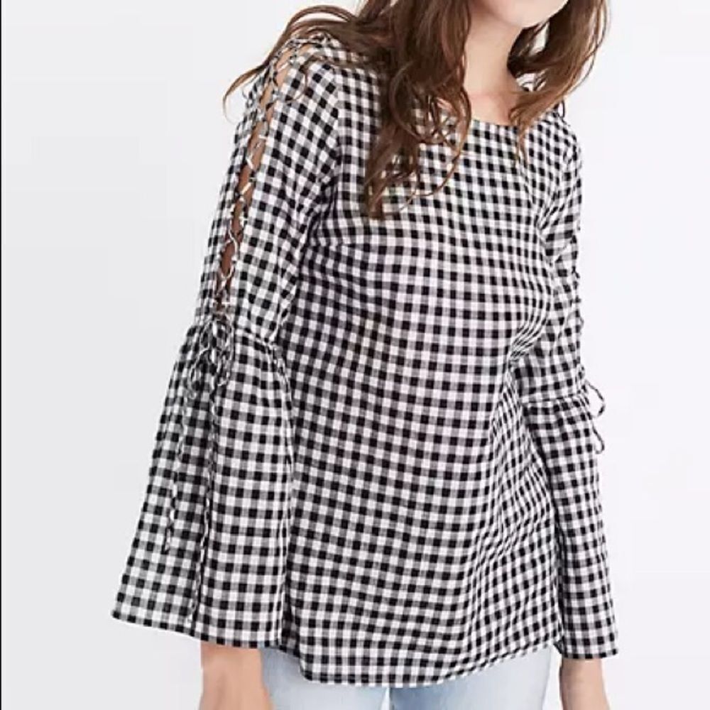 Madewell Gingham Lace-Up Bell-Sleeve Top